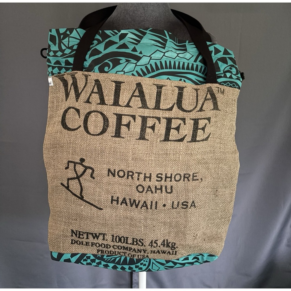 Upcycled Waialua Coffee Burlap Tote  North Shore Oahu Hawaii Handbag Tiki Print
